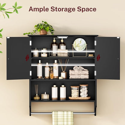 Iwell Bathroom Wall Cabinet with Adjustable Shelf & Doors, Over The Toilet Storage Cabinet, Medicine Cabinet for Bathroom, Laundry Room, Kitchen, Black