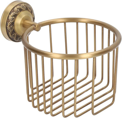 Antique Toilet Paper Holder Basket, Brass Antique Toilet Paper Holder Wall Mounted with Stable Metal Stand, Vintage Bathroom Decor Toilet Roll Holder with Shelf, Tissue Paper Roll Dispenser