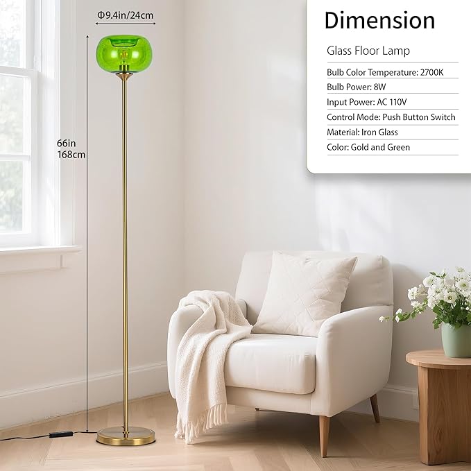 MAYNA Living Room Floor Lamp, Modern Standing Lamp with Green Bubble Shade, 67 Inch Tall Lamp for Bedroom, Study, Office (Includes 2700K Bulb) (Gold and Green)
