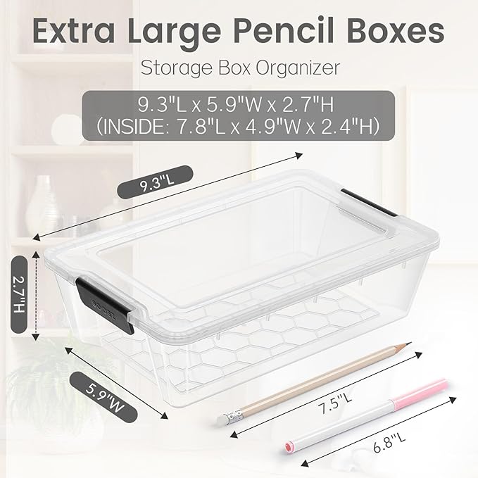 Sooez 6 Pack Pencil Boxes, New Extra Large Pencil Case, Stackable Crayon Pen Box, Clear Marker Organizer Craft Storage, Plastic Containers with Lids, Art Storage Box for School Supplies, Orange