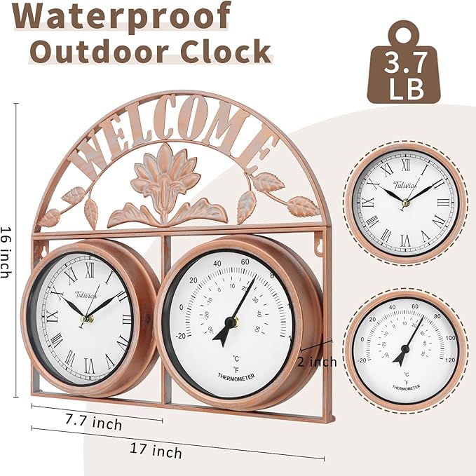 17Inch Large Outdoor Clock,Waterproof Wall Clock with Thermometer,Weatherproof Non-Ticking Quartz Battery Operated Decor Clock for Patio,Garden,Pool,Porch,House Warming Gifts