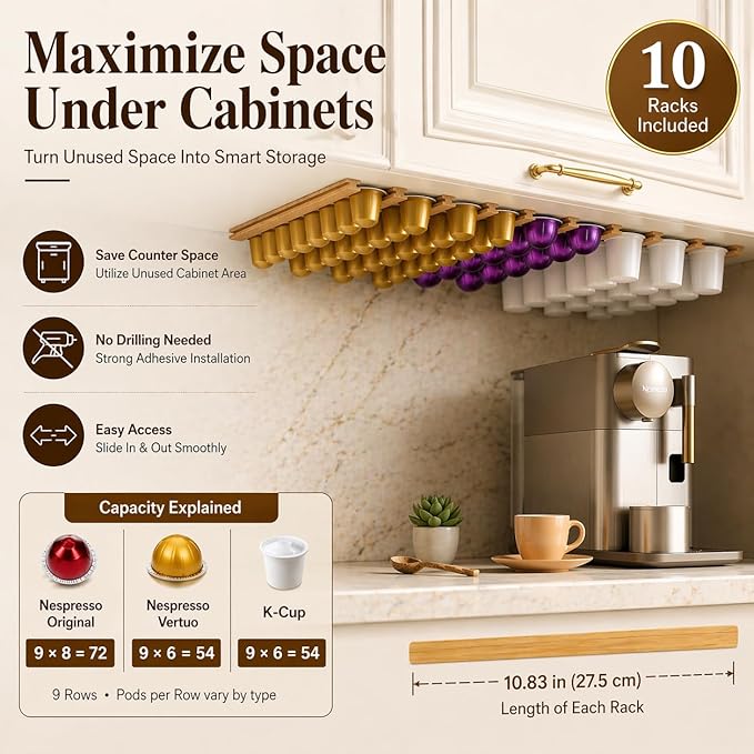 K Cup Holder,Wooden Coffee Pod Holder,10 PCS Under Cabinets Wall Mounte Vertically/Horizontally,Coffee Pod Storage for Coffee Shop Desktop Office and Kitchen, Bamboo Wood
