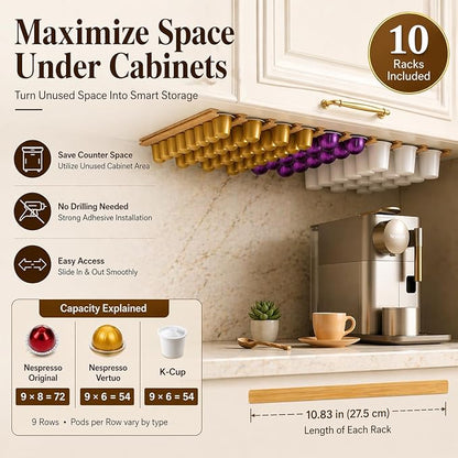 K Cup Holder,Wooden Coffee Pod Holder,10 PCS Under Cabinets Wall Mounte Vertically/Horizontally,Coffee Pod Storage for Coffee Shop Desktop Office and Kitchen, Bamboo Wood
