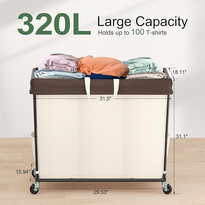 320L Laundry Hamper with Wheels, 3 Section Large Rolling Laundry Basket Bag with Wheels, Clothes Hamper Cart for Laundry, Bedroom, Bathroom and Dorm