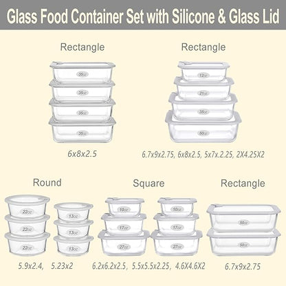 Glass Food Containers with Glass Lid, Microwave Safe Food Storage Container Set, 6 Pack, Large Size Airtight Storage Set with Leak Proof Lids, Meal Prep Containers
