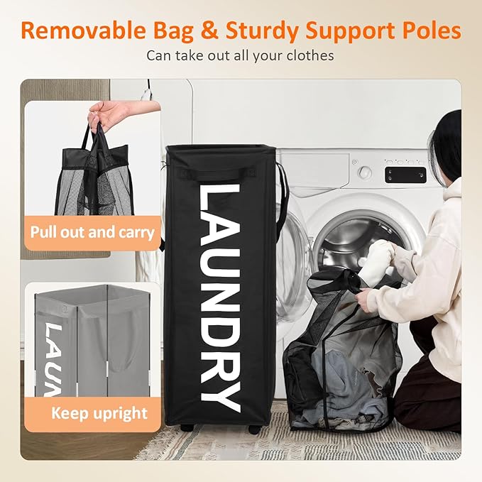 Optish 140L Laundry Hamper with Wheels, Rolling Laundry Basket with Removable Mesh Bag, Extra Large Clothes Hamper for Bedroom, Bathroom, Dorm Room Essentials, Black