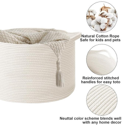 115L Extra Large Woven Cotton Rope Blanket Basket with Handles, Laundry Hamper Storage Bin for Pillows, Comforters,Clothes, Toys, Nursery, Bedroom and Living Room Organization,White