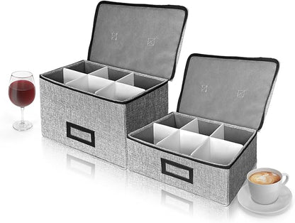 HURZMORO Stemware Storage Cases, Wine Glass Storage Box Containers for Glassware or Crystal, Holds 6 Red or White Glasses, Hard Top and Sides (Grey, Mug and Wine Glass Storage Box, 6 Compartments)