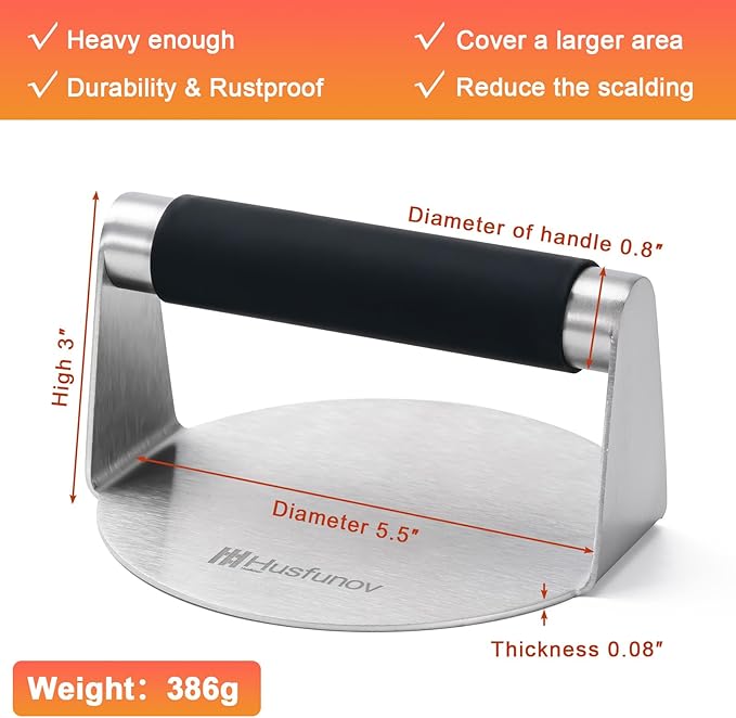 Husfunov Stainless Steel Burger Press, 5.5 Inch Round Smasher,with Anti-Scald Handle,Non-Stick Smooth Hamburger Press,Flat Bottom, for Cooking Burgers, Bacon, Ground Beef, Meats, Sausage and So On