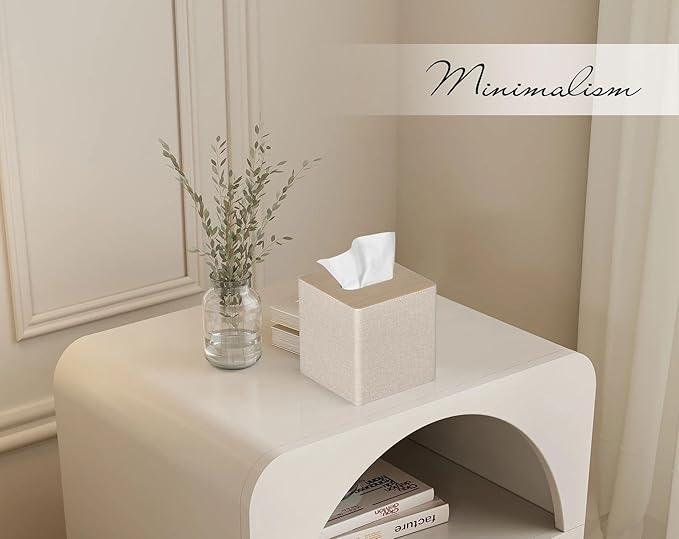 GOLRANLYE Tissue Box Cover Square PU Leather Facial Tissue Box Holder for Dresser Bathroom Decor (Beige)