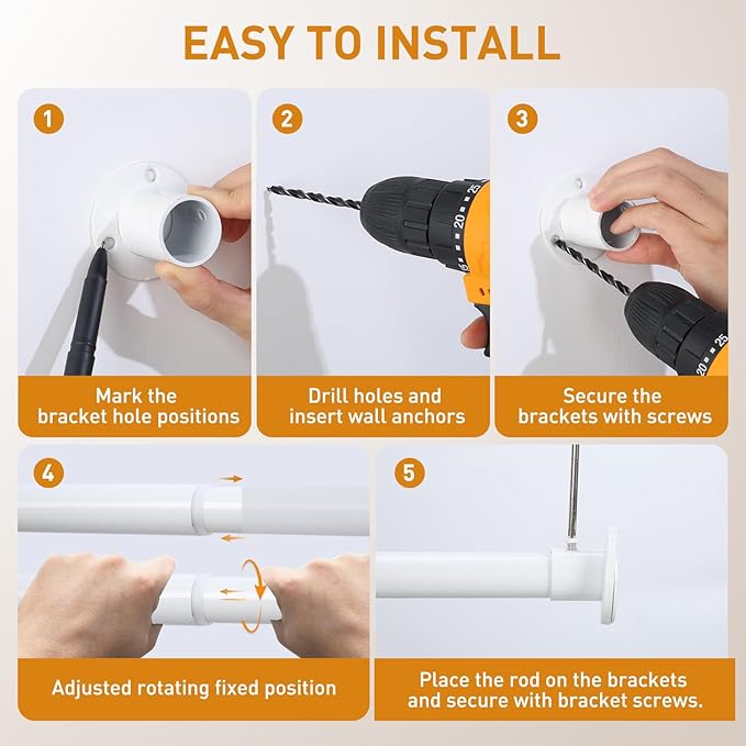 White Adjustable Closet Rod 18-92 Inches, Heavy Duty Metal Clothes Hanging Rod, Rust-Proof Non-Slip Wardrobe Bar for Closet, Laundry Room, RV