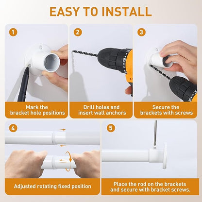 White Adjustable Closet Rod 18-92 Inches, Heavy Duty Metal Clothes Hanging Rod, Rust-Proof Non-Slip Wardrobe Bar for Closet, Laundry Room, RV
