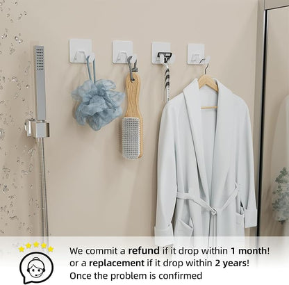 susswiff Adhesive Shower Hooks for Inside - Extra Sticky Stainless, Razor Holder Shower Accessories, Wall Mounted Self-Adhesive Double Hooks for Razor, Loofah, Towel, Shaver, Coat, Key, White, 4 Pack