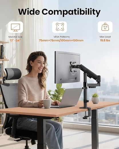 ErGear Single Monitor Arm, Adjustable Desk Gaming Monitor Mount for 13-34″ Screens, Up to 19.8 lbs, Enhanced Stability with Integrated C-Clamp, Upgraded Cable Management, VESA 75x75/100x100mm, Black