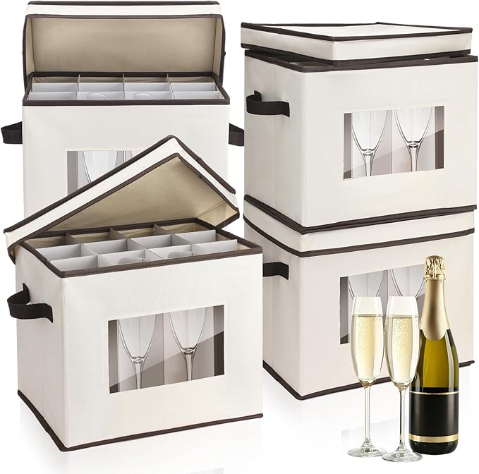 Uiifan 4 Pcs Champagne Flute Storage Box with Dividers 12 Compartment Stemware Storage Cases China Container Box with Lid, Handles, PVC Window for Moving, Beige