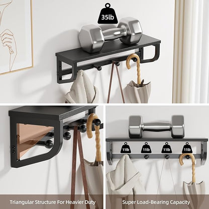 Coat Rack Wall Mount, Wood Wall Shelf with Hooks, Coat Hanger Wall Mount with 4 Metal Hooks, Wall Mounted Coat Rack Organizer for Entryway, Bedroom, Living Room, Room Decor, Black 2 Pack