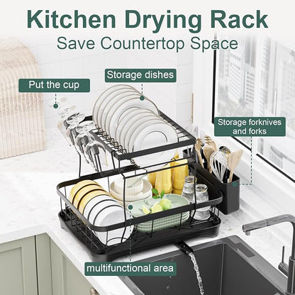 LIYI Dish Drying Rack,Large Dish Rack for Kitchen Counter,2-Tier Dish Racks with draining Tray,Detachable Capacity Dish Drainer Organizer,Black