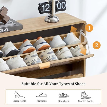 ORRD Shoe Storage Cabinet for Entryway with 2 Flip Drawers Set of 2, Freestanding Narrow Wood Shoe Cabinet with Wave Panel, Hidden Shoe Organizer for Foyer, Hallway (Natural)
