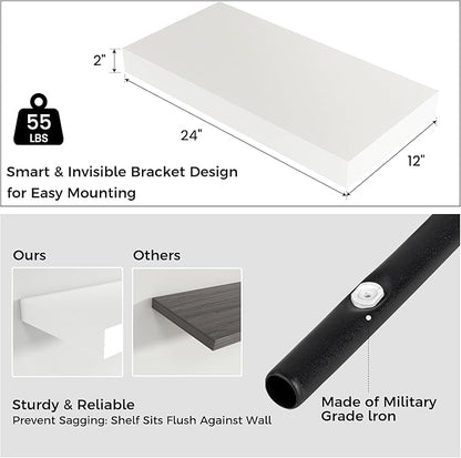 Floating Shelves for Wall, 24 Inch Wide x 12 Inch Deep Floating Shelves, Long Wood Floating Wall Shelf Shelves for Living Room Bathroom Bedroom Kitchen Home - (White, 24" W x 12" D x 2" H)