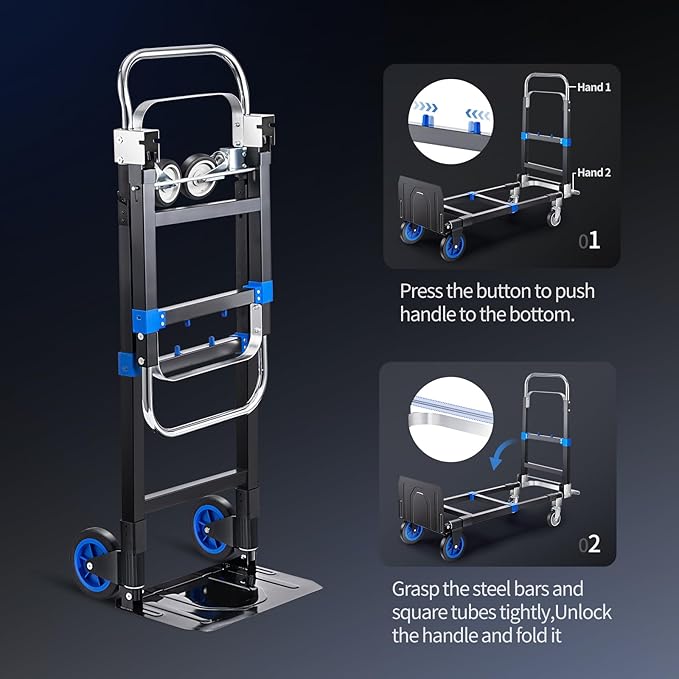 Leomru Pro 3 in 1 Aluminium Hand Truck 660lbs Capacity, Heavy Duty Convertible Hand Truck Dolly W/ 4 Rubber Wheels, Foldable Dolly Cart Collapsible Trolley for Warehouse Home Moving