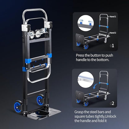 Leomru Pro 3 in 1 Aluminium Hand Truck 660lbs Capacity, Heavy Duty Convertible Hand Truck Dolly W/ 4 Rubber Wheels, Foldable Dolly Cart Collapsible Trolley for Warehouse Home Moving