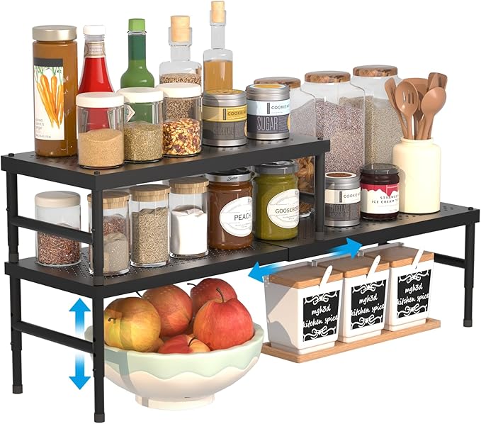 2 Pack Expandable adjustable stackable kitchen organizer,Spice Racks,Counter Shelf for Cabinets,Small Cupboard Organizers,Heavy Duty Metal Pantry Storage Shelves Racks for kitchen,cabinet, bathroom