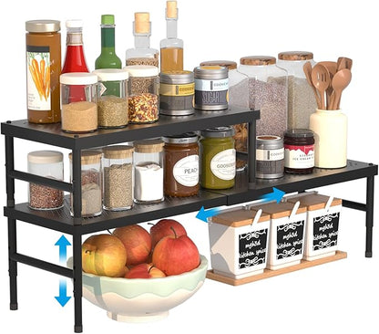 2 Pack Expandable adjustable stackable kitchen organizer,Spice Racks,Counter Shelf for Cabinets,Small Cupboard Organizers,Heavy Duty Metal Pantry Storage Shelves Racks for kitchen,cabinet, bathroom