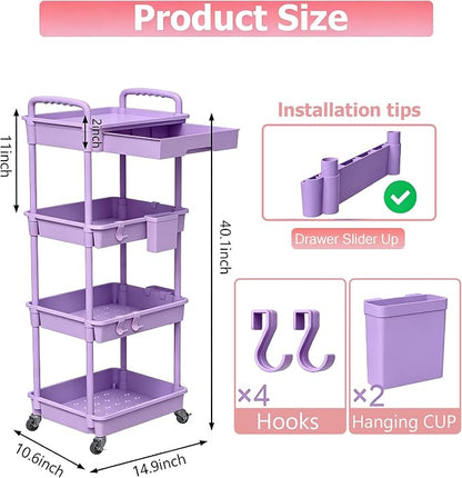 REBECAT 4 Tier Rolling Cart with Drawer, Utility Storage Cart on Wheels for Kitchen, Bathroom, Living Room,Office(Purple)