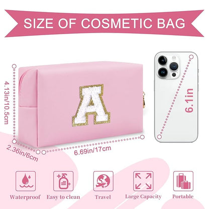 Personalized Initial A-Z Preppy Patch Makeup Bag,Small PU Chenille Letter Cosmetic Bag with Zipper for Teen Girls,Pink Cute Toiletry Organizer Bag,Monogram Makeup Case Gift for Women Girls,Letter A