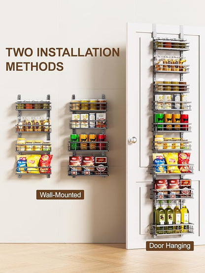 Delamu 9-Tier Over the Door Pantry Organizer, Adjustable Pantry Door Organizers and Storage, Metal Hanging Basket Wall Spice Rack Seasoning Organizer, Door Organizer Kitchen Bedroom Bathroom,12"Black