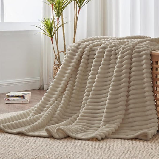 BEDELITE Twin Blanket for Couch & Bed, 300GSM Soft & Warm Fleece Blanket, Decorative and Giftable Striped Linen Blankets for Women, Men, 60"x80"