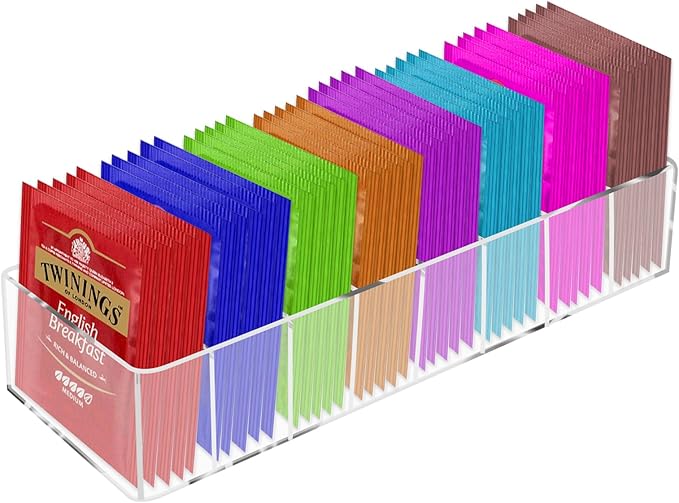 Acrylic Tea Bag Organizer, Clear Small Tea Packet Storage Box Clear Holder with 8 Slot, for Drawer, Countertop, Pantry, Kitchen, Cabinet, Shelf, 1 Pack (Removable partition)