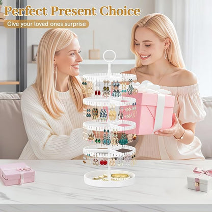 MODOWEY 4 Tier Rotating Earring Holder Organizer Display Tree with Metal Tray, Adjustable Plastic Stand with 228 Slots for Stud Hoop Hanger, Large Capacity Storage Rack for Women Space Saving, White