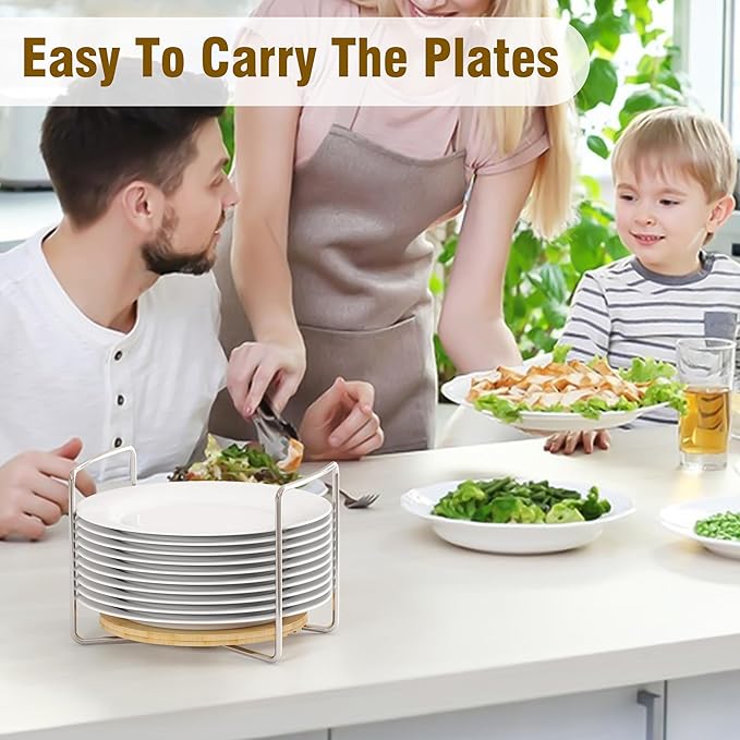 Dish Rack for Kitchen Counter - Bamboo Plate Organizer for Cabinet Space Saver, 2Pcs Adjust 8.5" to 12.5" Stainless Steel Plate and Bowl Holder with Portable Handle for Drawer Cupboard Shelf RV