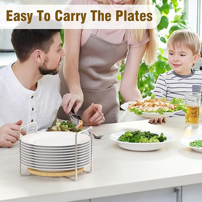 Dish Rack for Kitchen Counter - Bamboo Plate Organizer for Cabinet Space Saver, 2Pcs Adjust 8.5" to 12.5" Stainless Steel Plate and Bowl Holder with Portable Handle for Drawer Cupboard Shelf RV