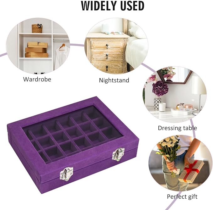 Vicoter Velvet Jewelry Box 24 Grid Jewelry Ring Display Organiser Box Tray Holder Earrings Storage Case for Girls Wife Mom Women (Purple)