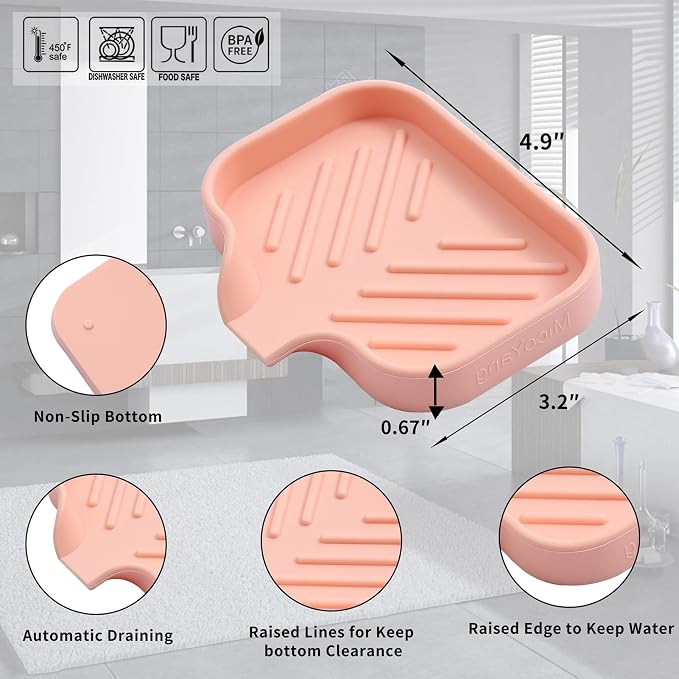 MicoYang Silicone Soap Dish with Drain Spout, Self-Draining Sink Organizer Tray for Bathroom and Kitchen, Sponges, Dispensers and Soap Holder, Non-Slip and Dishwasher Safe, Pink (Compact, 4.9"×3.2")
