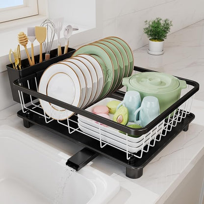 Hiviweer Dish Drying Rack - Space-Saving Dish Rack,Dish Racks for Kitchen Counter with Drainboard, Rustproof Dish Drainer with a Removable 4-Compartment Utensil Holder,Black-White