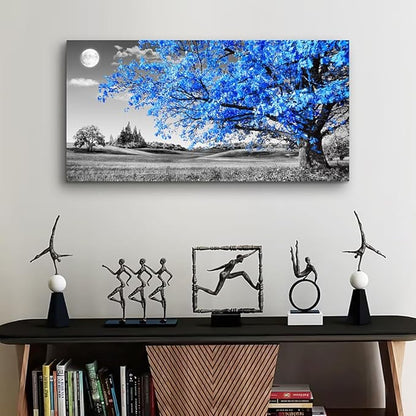 wall art for living room Simple Life Blue moon tree landscape Abstract painting office Wall Decor 20" x 40" single Pieces Canvas Prints Ready to Hang for Home Decoration Black and white Works of art