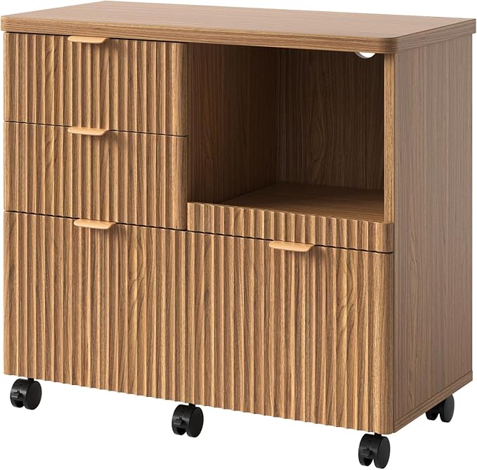 Bestier 3 Drawer File Cabinet, Decorative Fluted Wood Lateral Filing Cabinet with Caster for Home Office, Fits for A4/Letter/Legal-Sized Files, Printer Stand with Open Storage Shelves, Brown