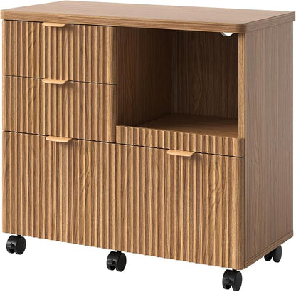 Bestier 3 Drawer File Cabinet, Decorative Fluted Wood Lateral Filing Cabinet with Caster for Home Office, Fits for A4/Letter/Legal-Sized Files, Printer Stand with Open Storage Shelves, Brown