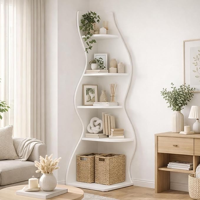 Arvolia 70 Inch Corner Bookshelf, Modern 5-Tier Small Bookshelf with Unique Curved Design, Freestanding Vertical Storage Shelf for Living Room, Bedroom or Home Office (White)