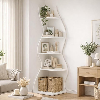 Arvolia 70 Inch Corner Bookshelf, Modern 5-Tier Small Bookshelf with Unique Curved Design, Freestanding Vertical Storage Shelf for Living Room, Bedroom or Home Office (White)