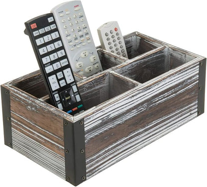 MyGift Remote Control Holder with 5-Compartment, Media Storage Organizer Remote Caddy with Black Metal Corner Wraps, for Table, Desk, Rustic Torched Wood