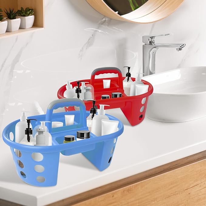 Large Shower Caddy Portable 2PC - Made in USA Plastic Jumbo Size Dorm Storage Candy Tote with Handle Shower Organizer for Bathroom, Pantry, Kitchen, College Dorm, Red/Periwinkle