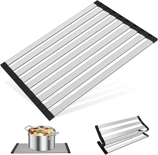 17.7" x 12.8" Roll-Up Dish Drying Rack Over Sink - Kitchen Sink Cover and Organizer Gadget with Foldable Stainless Steel Drainer and Sink Mat, Silver Dish Rack - Small