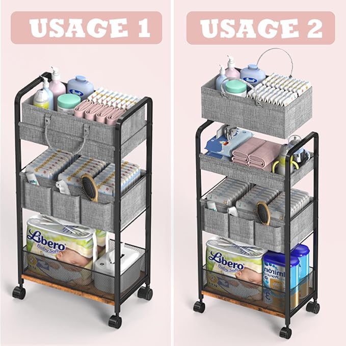 LIDTOP 2In1 Baby Diaper Caddy & 3-Tier Rolling Diaper Cart, Diaper Caddy Organizer Cart with Dividers, Mobile Metal Utility Cart for Nursery Essentials, Detachable Bedside Cart, Large Capacity
