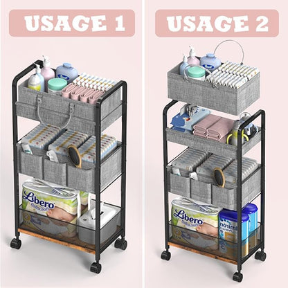 LIDTOP 2In1 Baby Diaper Caddy & 3-Tier Rolling Diaper Cart, Diaper Caddy Organizer Cart with Dividers, Mobile Metal Utility Cart for Nursery Essentials, Detachable Bedside Cart, Large Capacity