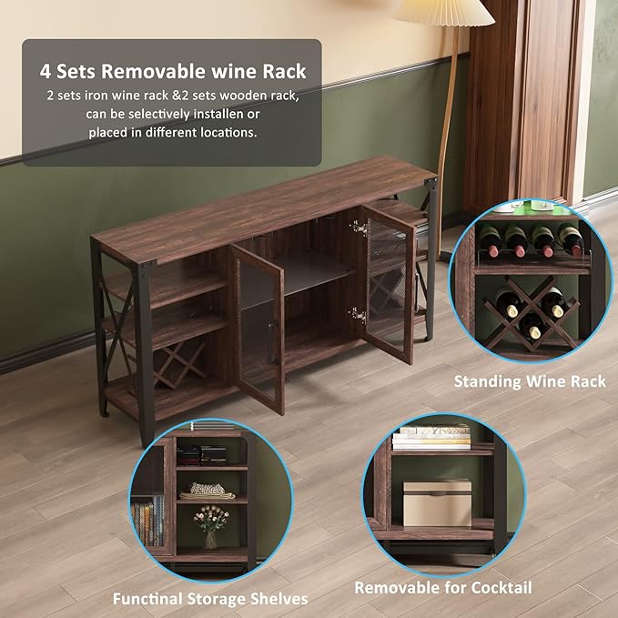 Vabches 58" Wine Bar with Wine Rack Storage,Alcohol Cabinet with LED Strip, Liquor Cabinet Bar for Home Dining Room, Sideboard Buffet with Storage