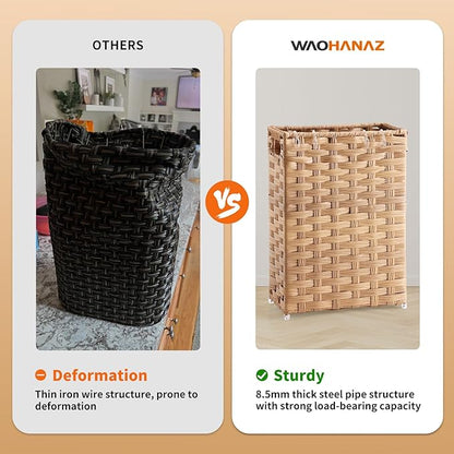 Rattan Umbrella Stand, Umbrella Holder for Entryway, Hand Woven Umbrella Rack Organizer Freestanding, with a Detachable Drip Tray, 4 Hooks, 11.8" L x 5.5" W x 16.5" H, Natural